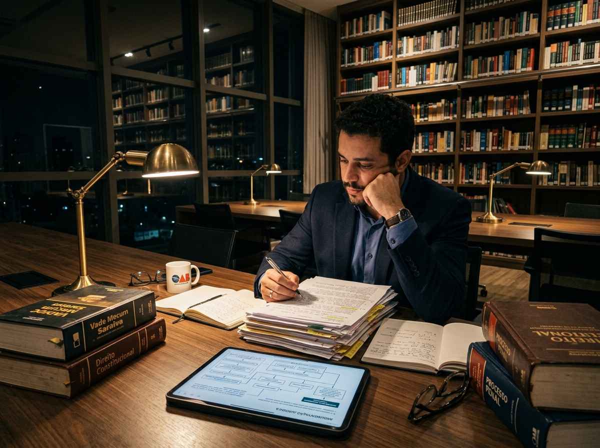 Advogado estudando à noite para o ENAC